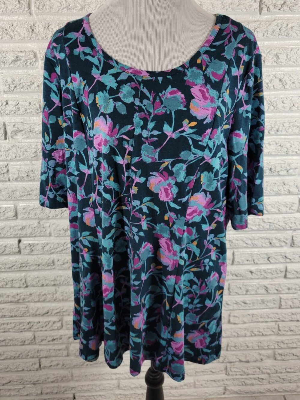 Denim & Co Womens Tee XL Blue Purple Floral Cotton Blend Tunic Top FLO279E